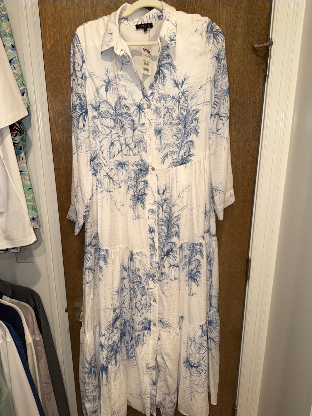 1. State White Maxi Shirt Dress with Blue Tropical Print